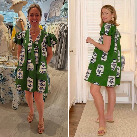 Hunter Bell Wilkes Dress Herring Green Puff Sleeve Cotton Size Medium NWT - Picture 16 of 17